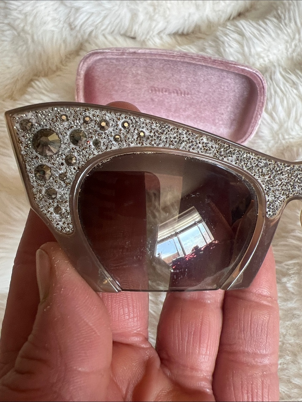 Miu Miu Crystal Embellished Cat Eye Sunglasses - Pink Case - Picture 6 of 9